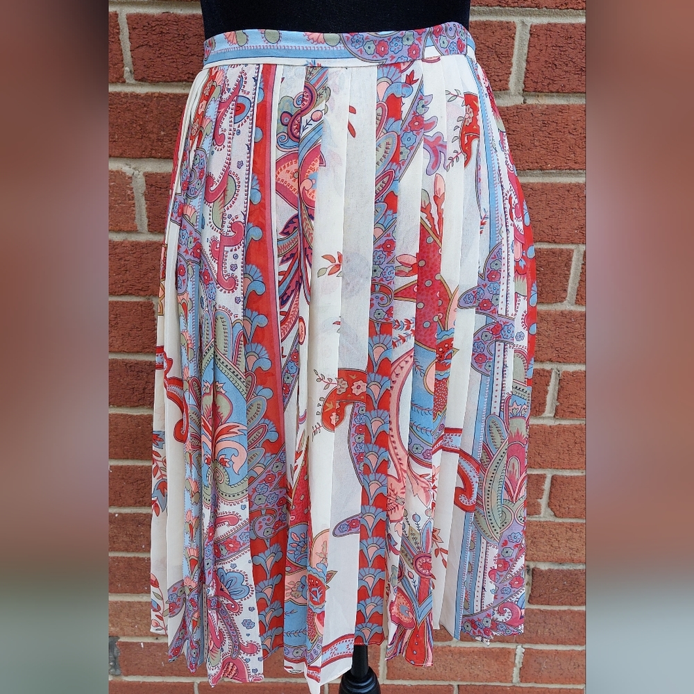 Tommy Hilfiger Skirt Womens 16 Cream Red Floral Plisse Pleat Chiffon Lined